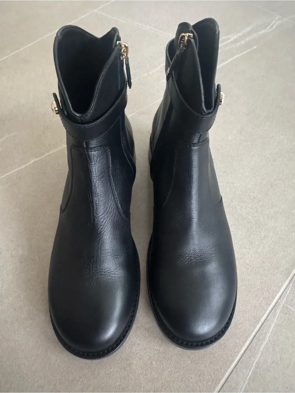 Chanel Black Leather Ankle Boots with Gold Accent
